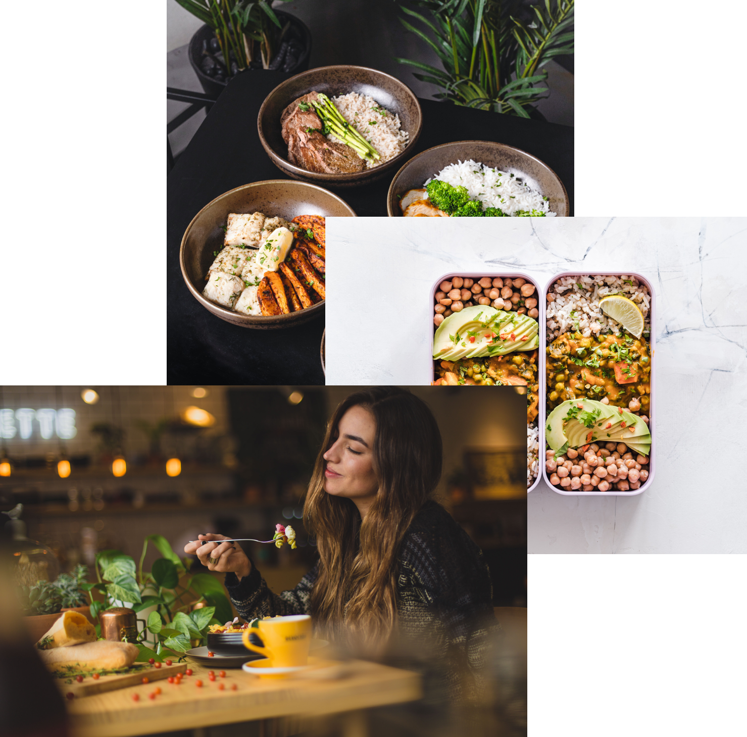 woman enjoying food, meals in storage container, and food bowls on a table